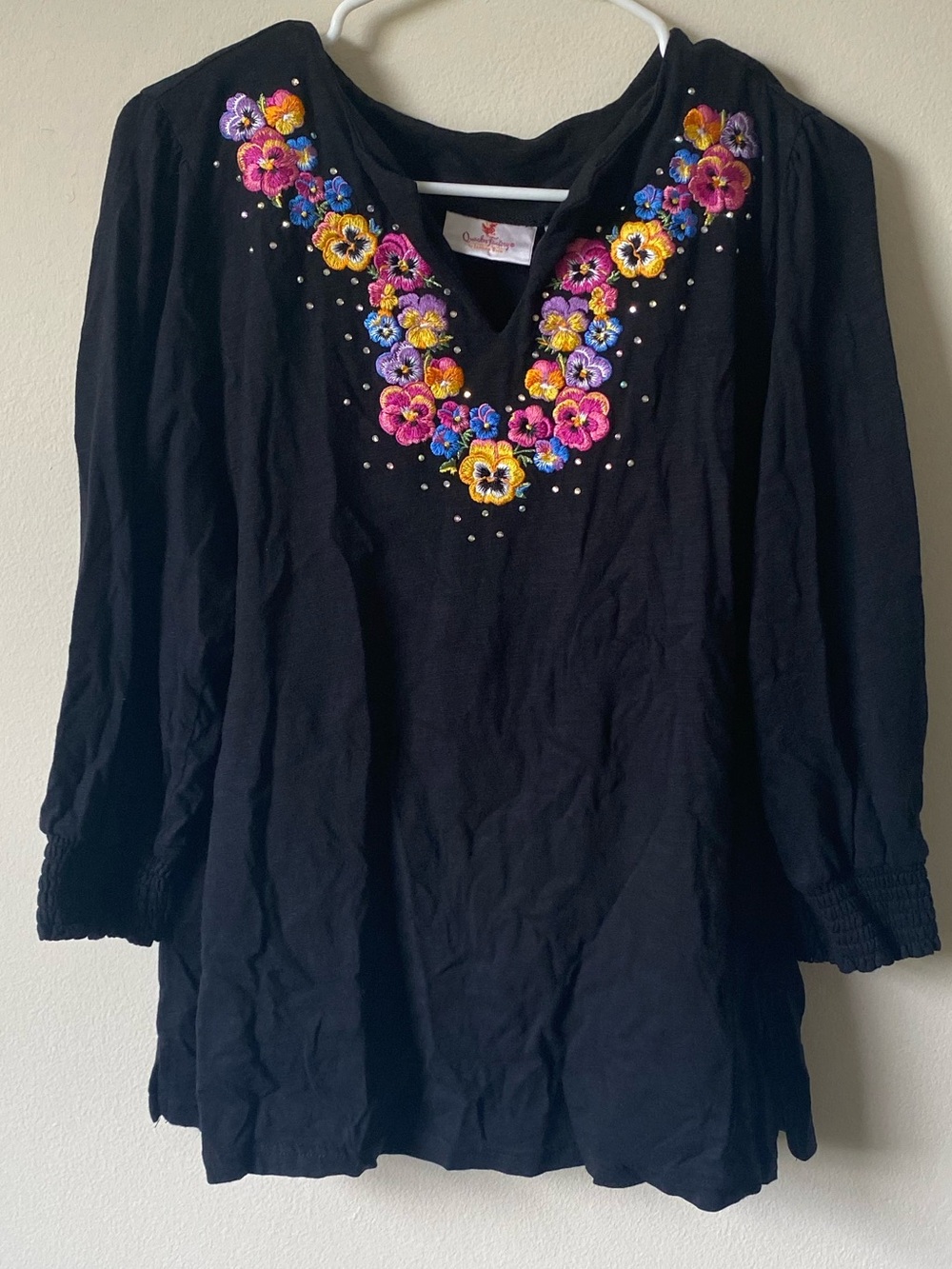 Quacker Factory Black Peasant Top with Bright Floral Embroidery
